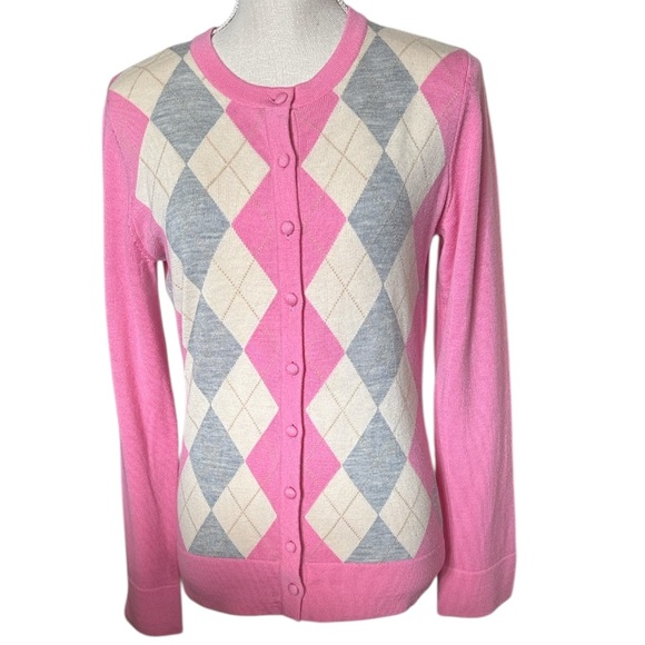 Lilly Pulitzer Sweaters - LILLY PULITIZER Argyle Pink Gray Ivory Button Sweater Merino Wool Medium